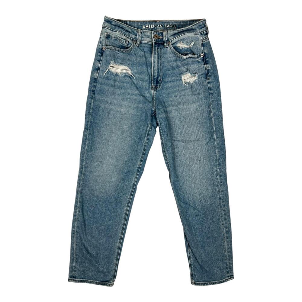 American Eagle Mom Straight Jeans Womens 6 Blue High Rise Distressed Denim